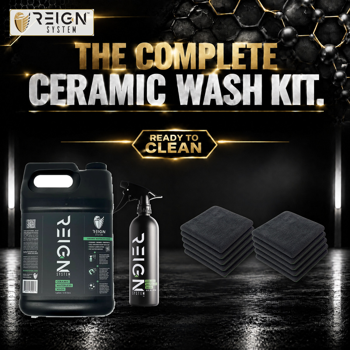 Ceramic Waterless Car Wash Pro Kit Bundle | 1 Gallon + 16 oz Bottle + 8 Towels - Reign System