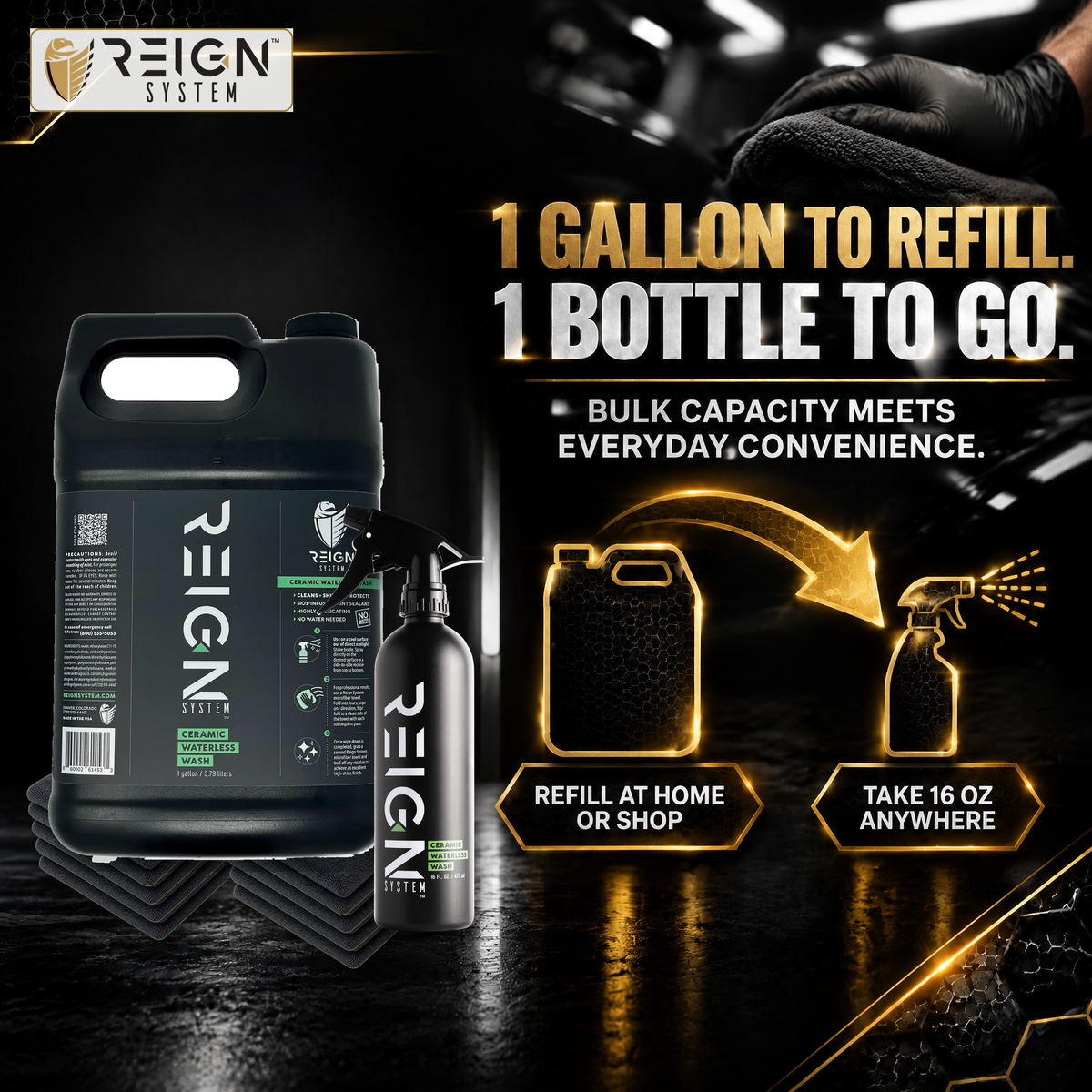 Ceramic Waterless Car Wash Pro Kit Bundle | 1 Gallon + 16 oz Bottle + 8 Towels - Reign System