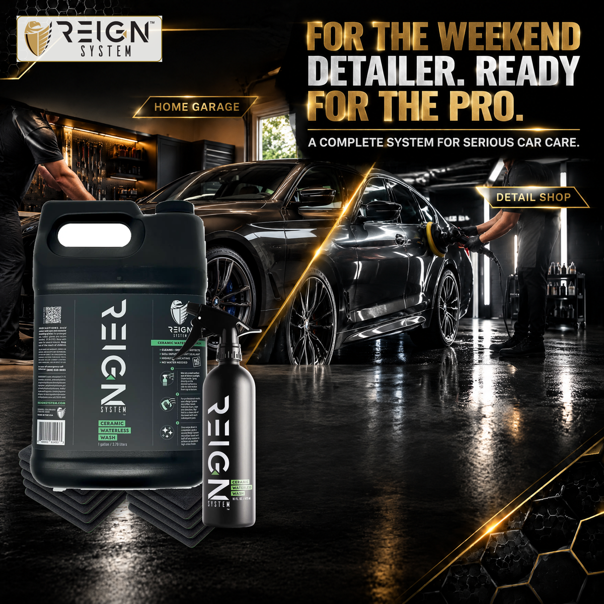 Ceramic Waterless Car Wash Pro Kit Bundle | 1 Gallon + 16 oz Bottle + 8 Towels - Reign System