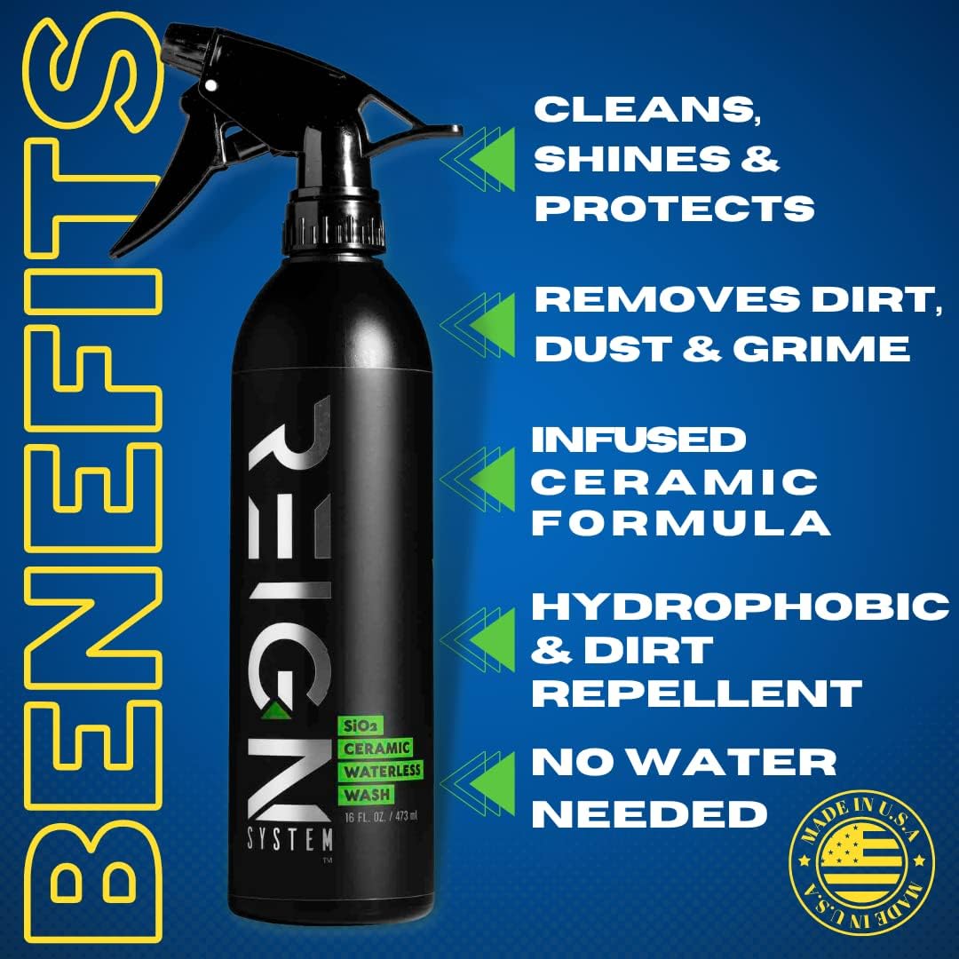 Reign System Ceramic Waterless Car Wash – 3-in-1 Wash, Shine & Ceramic Protection – No Hose Needed – Eco-Friendly Detailing Spray for Paint, Glass, Chrome & Wheels – Hydrophobic, Streak-Free Finish - Reign System